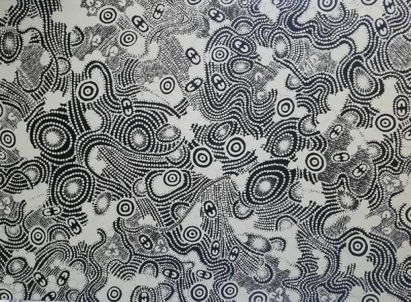 A black and white painting by Aboriginal artist Walangari Karntawarra using acrylic on stretched canvas