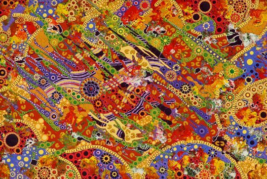 A bright and colourful painting by Aboriginal artist Walangari Karntawarra