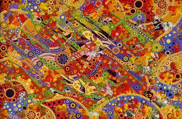 A bright and colourful painting by Aboriginal artist Walangari Karntawarra using acrylic on canvas